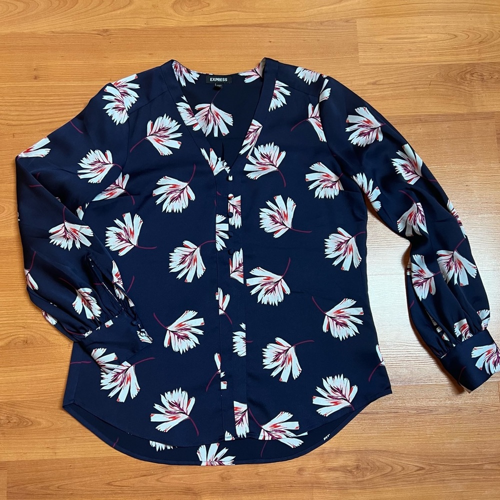 NWOT Silky Floral Navy Top